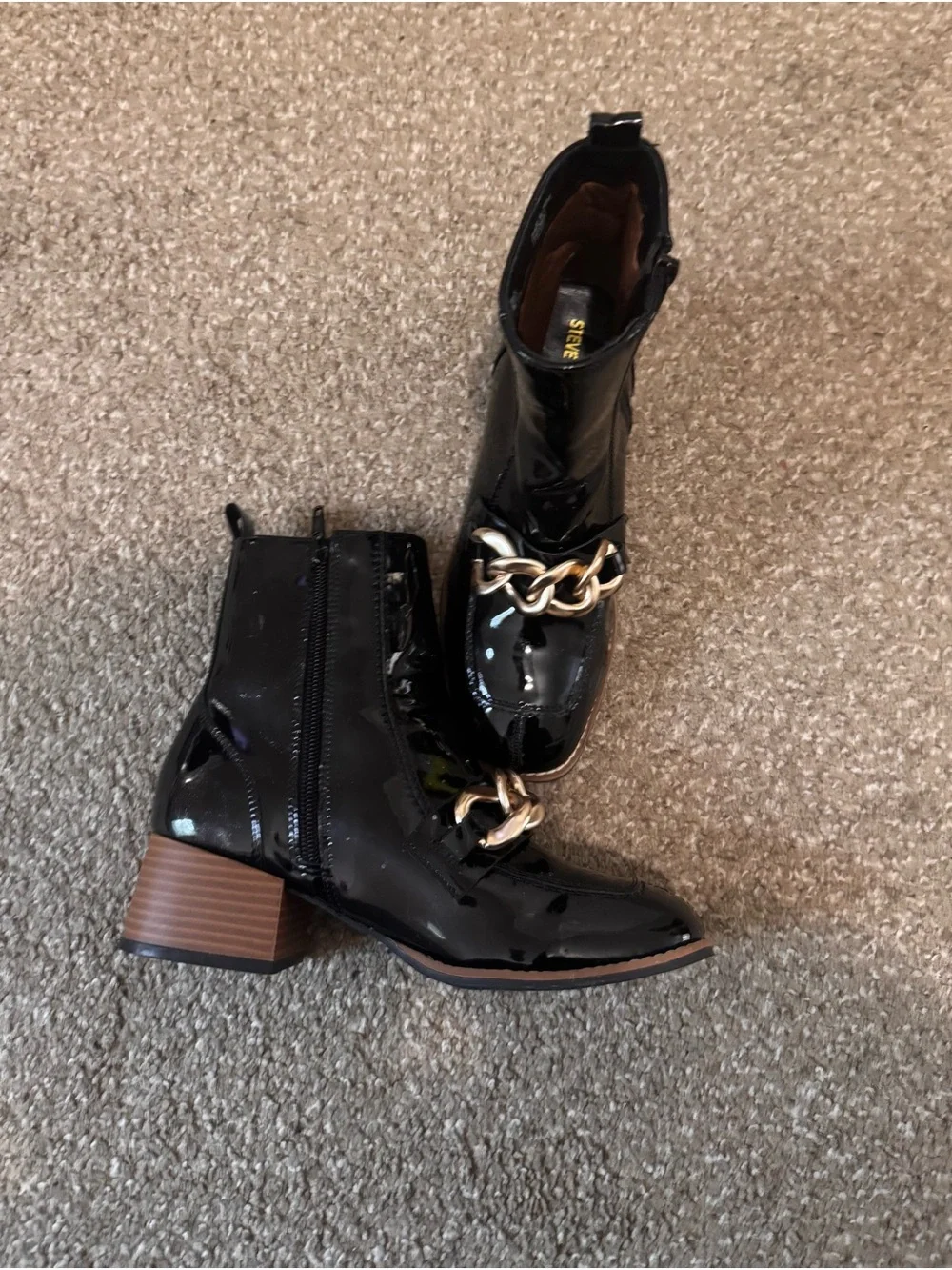 Steve Madden Black Patent Ankle Boots with Gold Chain Accent